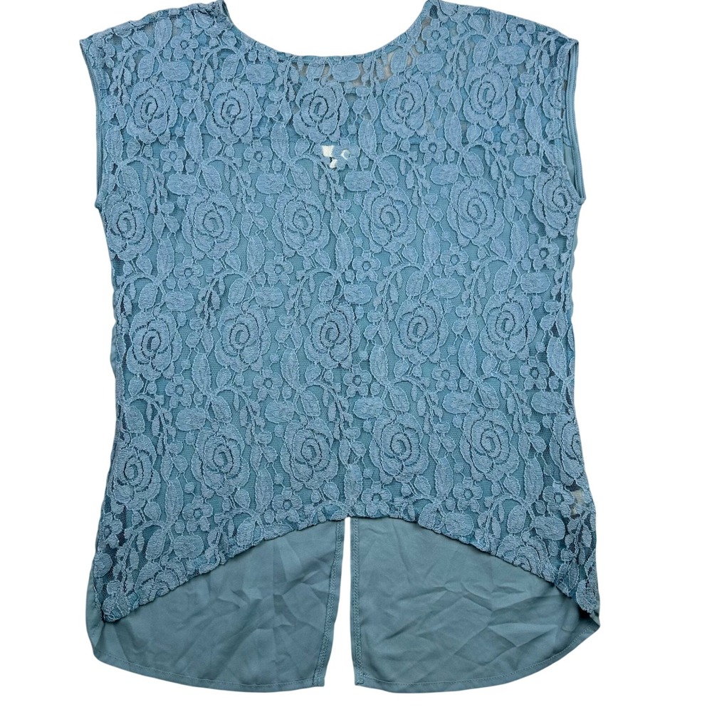 Dusty Blue Floral Rose Lace Sleeveless Blouse Split Back Top RN 96741 Size L